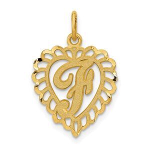 14k Yellow Gold, Grace Collection, Satin Heart Initial F Pendant, 15mm